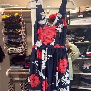 Floral aqua  V-Neck Dress - Navy and Red